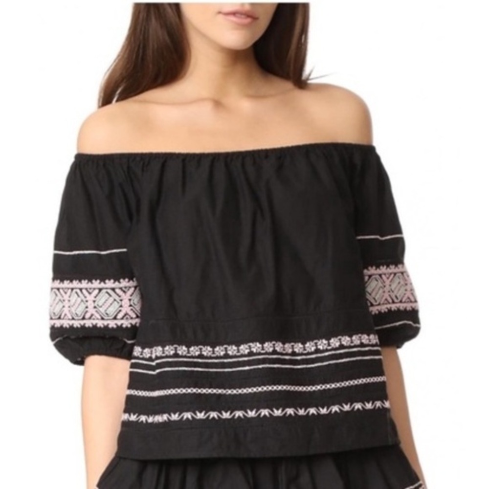 LOVESHACKFANCY FRIDA OFF THE SHOULDER ROMANTIC EMBROIDERED BLACK SHIRT TOP S